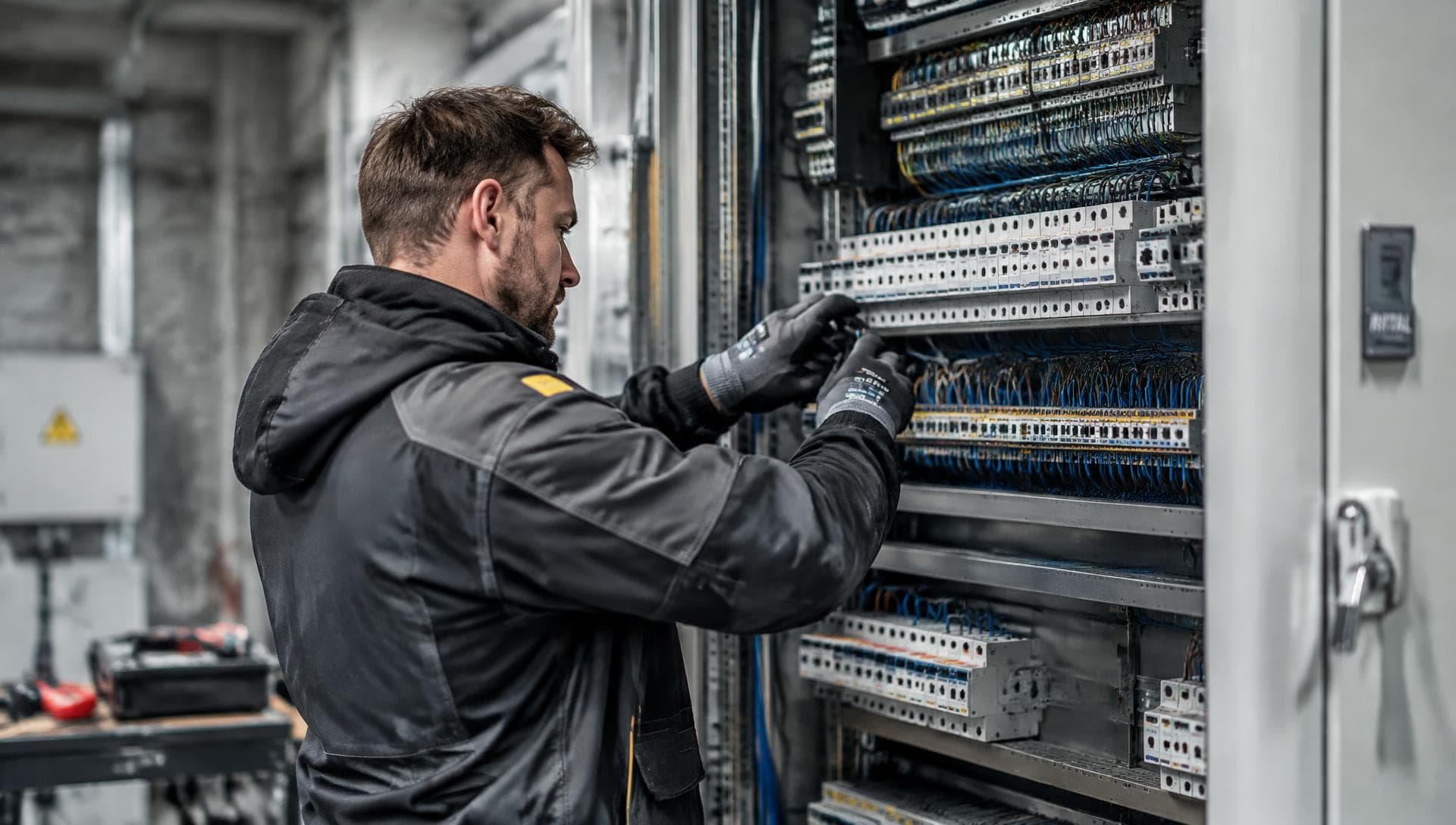 Electrician working on a distribution cabinet