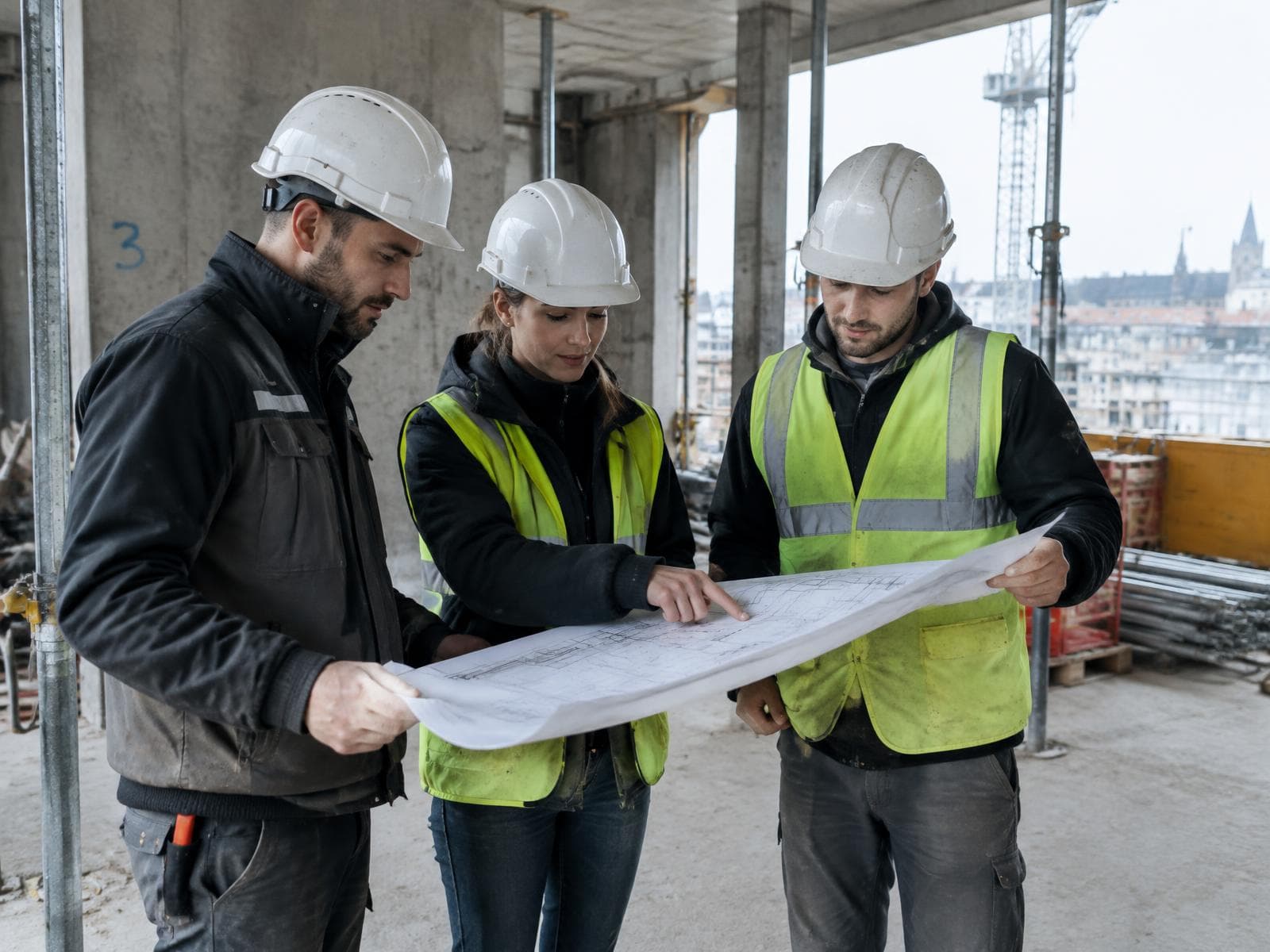 Technicians reviewing plans on a construction site